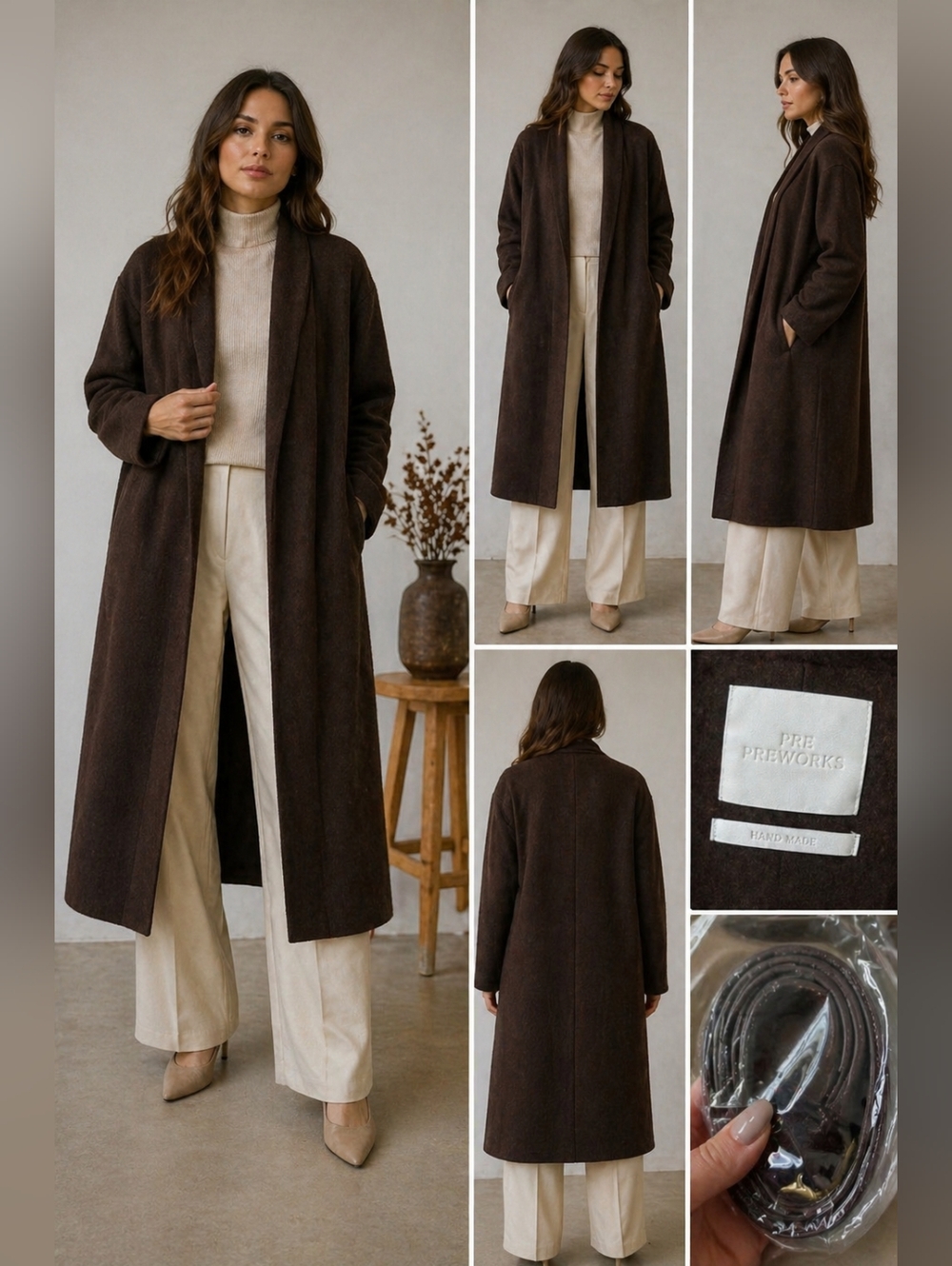 Preworks Brown Wool Open Front Coat Belted OS Handmade